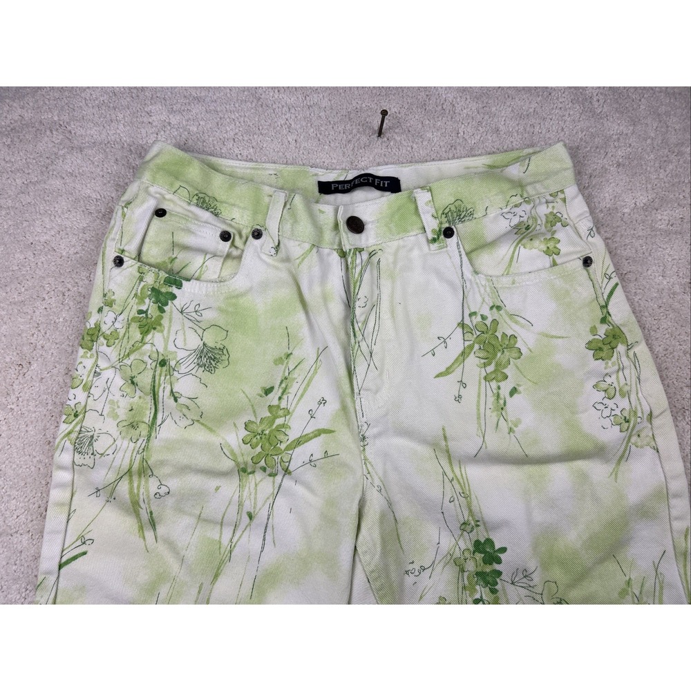 Bill Blass Women Jeans Perfect Fit Size 6 100% Cotton White With Green Floral